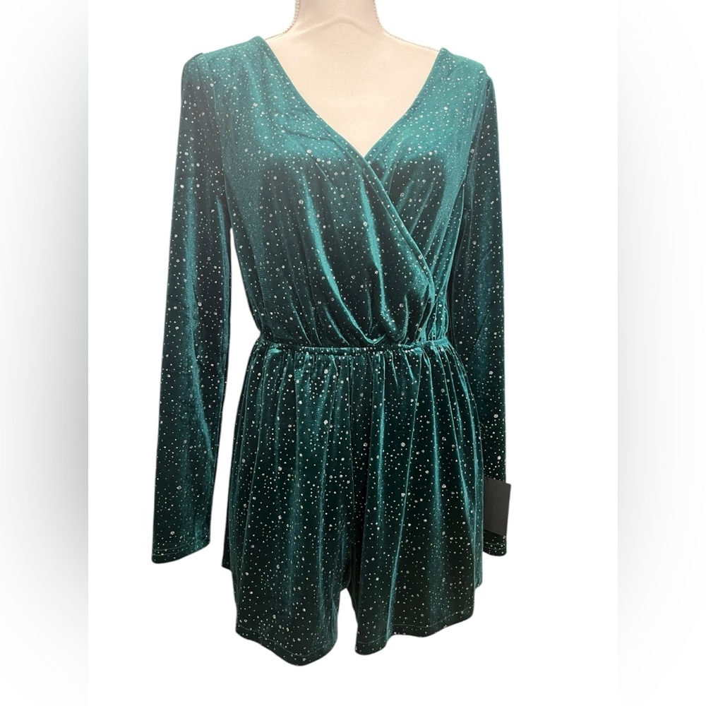 Lulus Beneath a Starry Sky Emerald Green Velvet Silver Sparkly Romper Medium NWT - Picture 3 of 15
